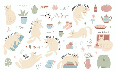Cute Cats with humorous prases and Cozy Home Elements. Sticker Set with Autumn Mood