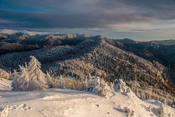 Stunning winter landscape of snow-covered forested mountains in Slovakia during sunset. Deep valleys, frosty trees, and dramatic sky create a magical atmosphere in the Carpathians.
