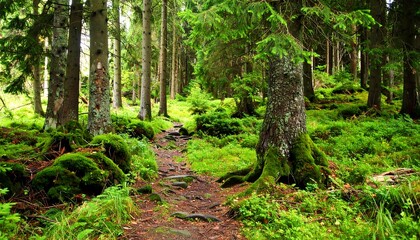 Obraz premium Lush forest path winding through mossy woods