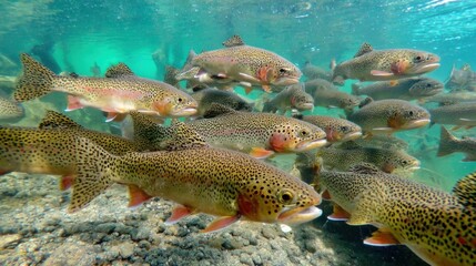 A school of speckled fish swims near the rocky riverbed in clear water,