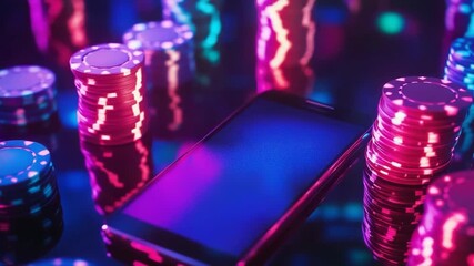 A cuttingedge futuristic smartphone positioned among an array of vibrant and colorful casino chips all set within an expansive and dynamic cyberspace environment brimming with potential and innovation - Powered by Adobe