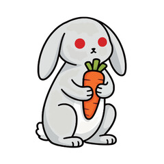 A charming cartoon illustration of a cute white rabbit holding a large carrot, perfect for food, nature, and animal-related themes.