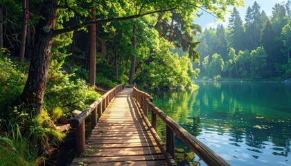 Rustic Wooden Bridge Over Tranquil Lake Surrounded by Lush Green Forest Under Bright Sunlight and Blue Sky Serene Nature Scene Landscape Photography