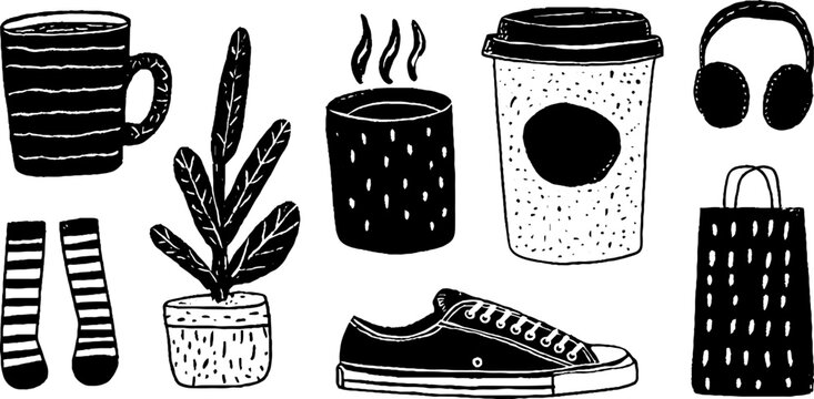 Modern lifestyle elements: phone, coffee, and everyday objects silhouette design