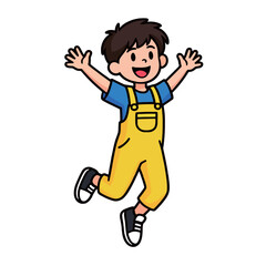 A cheerful cartoon illustration of a young boy jumping with his arms raised, wearing blue shirt and yellow overalls, expressing joy and energy.
