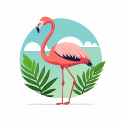 Obraz premium Vibrant Pink Flamingo Illustration with Tropical Leaves and Blue Sky Background in Flat Design Style