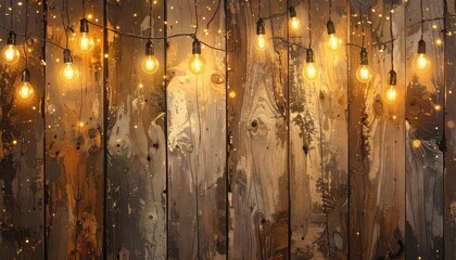 Rustic Wooden Wall Illuminated with Warm String Lights for Festive Ambiance Perfect for Backgrounds