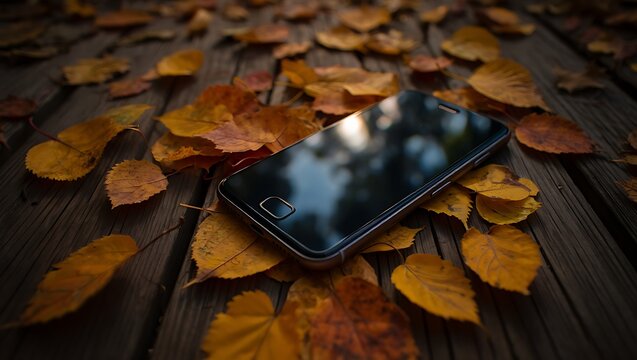 Smartphone on wooden table surrounded by autumn leaves