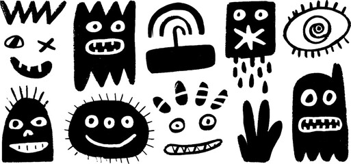 Quirky blob face portraits with zigzag heads and spirals for creative design