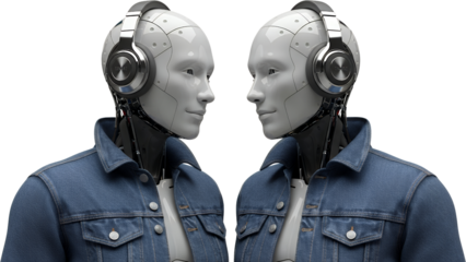 Two identical humanoid robots wearing denim jackets and headphones facing each other isolate artificial intelligence