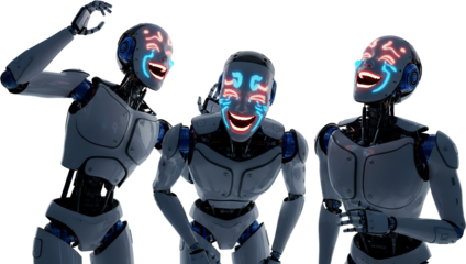 Three futuristic robots laughing with illuminated LED faces showing joy isolated with android artificial intelligence