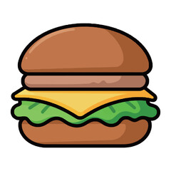 A classic cartoon illustration of a hamburger with all the essential ingredients, perfect for fast food, casual dining, and delicious food concepts.
