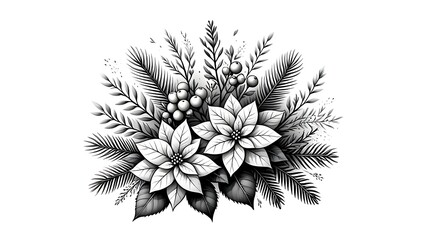 Elegant monochrome poinsettias and winter foliage composition design