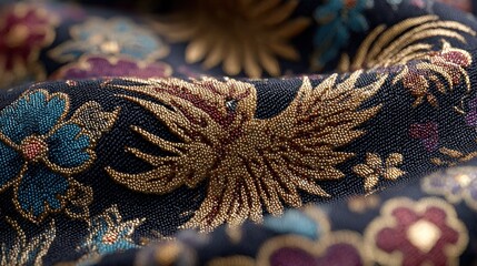 Naklejka premium Intricate floral and phoenix embroidery on a dark blue silk fabric