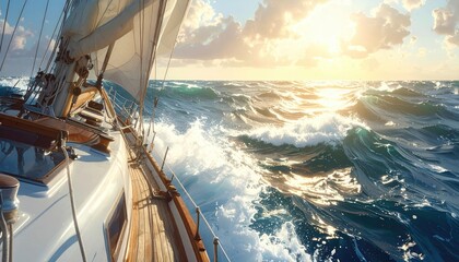 Sailing Ship Navigating Choppy Blue Ocean Waters Under Bright Sunlight with White Sail and Reflections during daytime