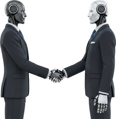 Two robots in suits shaking hands one with a metallic grey head the other with a white head handshake transparent background