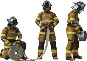 Three firefighters in protective gear with hose nozzle and fan isolate rescue emergency uniform helmet