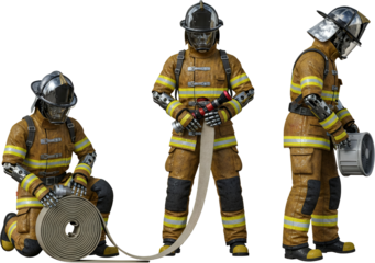 Three firefighters in protective gear with hose nozzle and fan isolate rescue emergency uniform helmet
