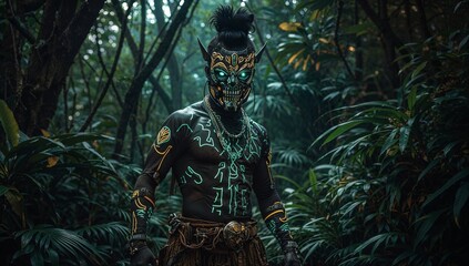 Futuristic tribal warrior in glowing bioluminescent jungle wearing neon cybernetic mask and biomechanical tattoos with cinematic dramatic light and surreal atmosphere