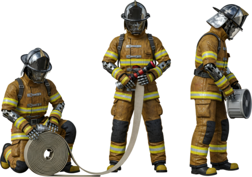 Three firefighters in protective gear with hose nozzle and fan isolate rescue emergency uniform helmet