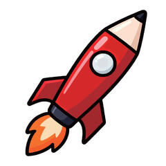 A fun cartoon illustration of a red pencil-shaped rocket taking off, symbolizing creativity, education, and innovative ideas.