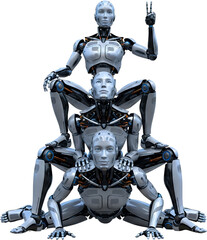 Three advanced humanoid robots stacked pyramid style one giving peace sign Android Futuristic Technology transparent background