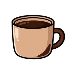 A simple cartoon illustration of a brown ceramic mug filled with coffee or tea, perfect for beverages and a cozy lifestyle.