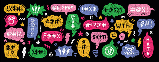 Comic speech bubble with swear word and hate. Hand drawn sketch of a grumpy text balloon with curse or insult by pencil and charcoal doodle. Rude profanity censorship in scribble talk cloud