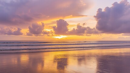 sand. A breathtaking tropical beach sunset with vibrant clouds and golden reflections on the wet sand. inspiring travel planning, travel magazines, designed for outdoor magazines and nature guides.