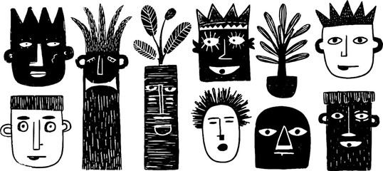 Surreal abstract head illustrations with hollow design and staircase elements