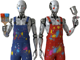 Two robots in paint splattered overalls holding painting tools isolate android artist creative technology