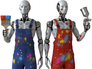 Two robots in paint splattered overalls holding painting tools isolate android artist creative technology