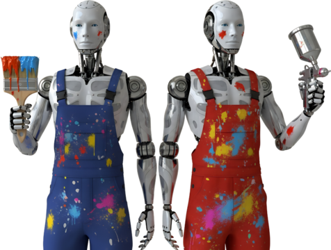 Two robots in paint splattered overalls holding painting tools isolate android artist creative technology - Powered by Adobe