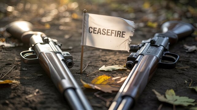 Ceasefire: Two deactivated weapons lie at peace beside a sign advocating a cease-fire, symbolizing the yearning for tranquility and an end to conflict.