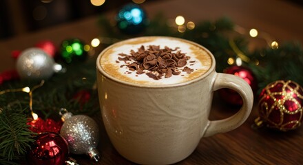 Obraz premium Warm Festive Coffee with Chocolate and Holiday Decorations