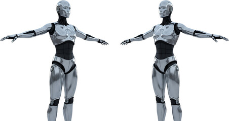 Two humanoid robots in silver sleek metallic bodies and black segmented torsos arms outstretched isolate