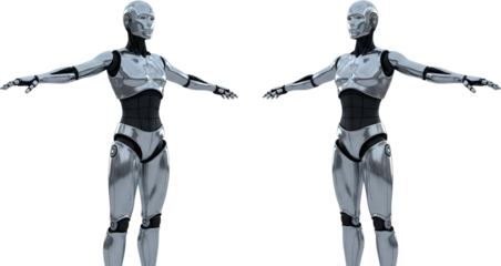 Two humanoid robots in silver sleek metallic bodies and black segmented torsos arms outstretched isolate