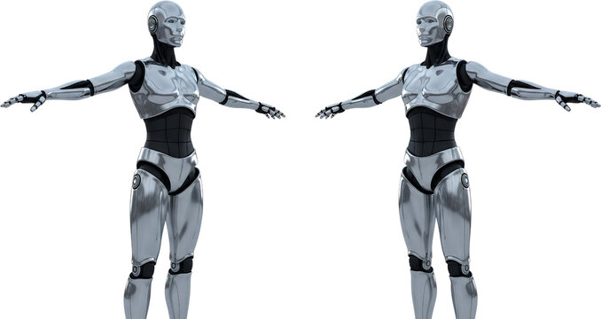 Two humanoid robots in silver sleek metallic bodies and black segmented torsos arms outstretched isolate