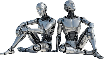 Two detailed humanoid robots sitting one looking up chrome finish metallic joints isolate android futuristic