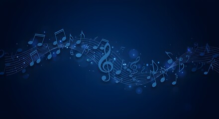 Blue floating music notes background with abstract sound waves