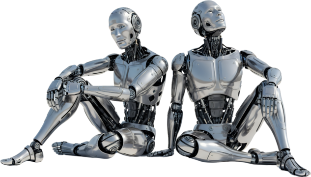 Two detailed humanoid robots sitting one looking up chrome finish metallic joints isolate android futuristic