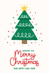 Christmas poster in cartoon style. Greeting card decorated with decorated tree. Vector illustration