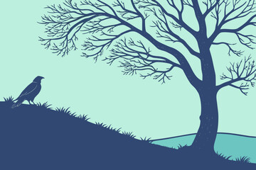 Lone Bird on a Hill: A Serene Nature Vector Illustration