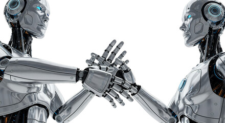 Two humanoid robots shaking hands with metallic bodies and blue glowing eyes android technology future transparent background