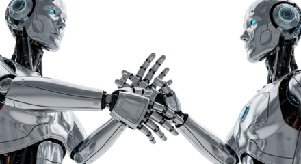Two humanoid robots shaking hands with metallic bodies and blue glowing eyes android technology future transparent background