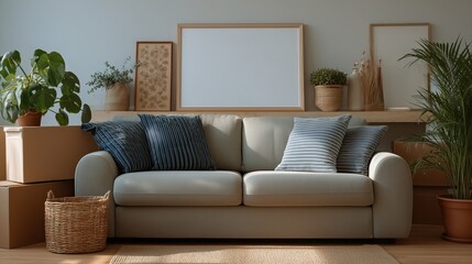 Emerging lifestyle trend – Modern Living Room Interior with Cozy Sofa and Indoor Plants