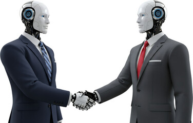 Two humanoid robots wearing suits and ties shaking hands representing cooperation technology and business