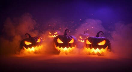 Glowing Halloween pumpkins with scary faces in dark fog