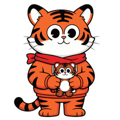 Adorable cartoon tiger wearing a red scarf, happily holding a cute tiger plush toy, representing friendship and warmth.