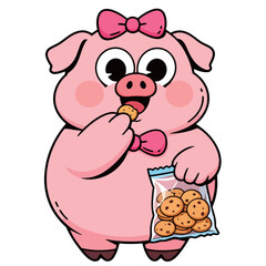 Fototapeta premium Adorable cartoon pig wearing a pink bow, happily eating a cookie and holding a bag of cookies, a sweet and joyful character.